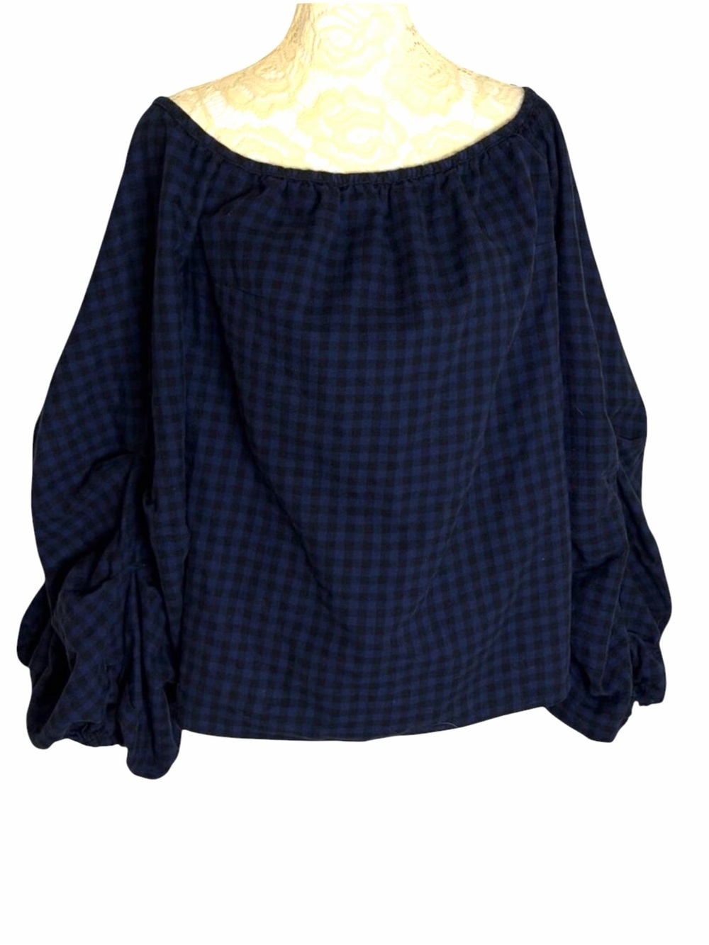 Guest Editor Anthropologie Peasant Blouse Top Shirt Plaid Blue Black S